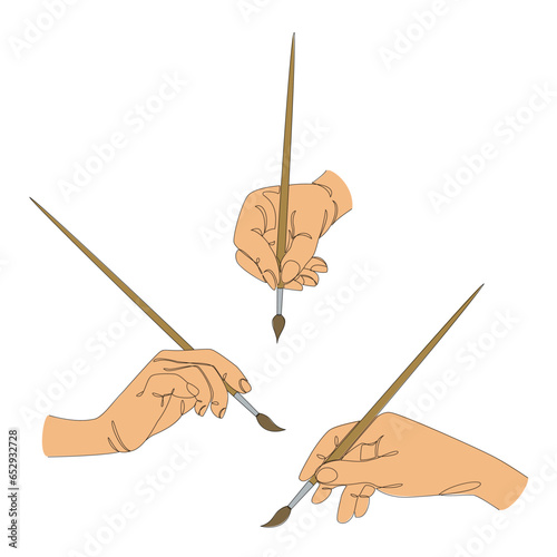 Collection. A man's hand draws with a brush in a modern one line style. The man writes. Solid line, decor sketches, posters, murals, stickers, logo. Set of vector illustrations.