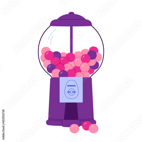 Gumball vending machine. Candy bubble gum machine with coin slot. Dispenser with sweet chewing candy. Vector illustration in cartoon style. Isolated white background.