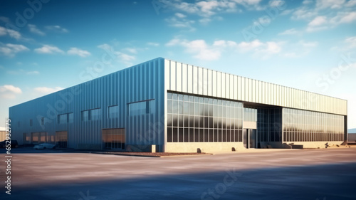 Industrial hangar. Warehouse building exterior. Industrial building under blue sky. © JKLoma