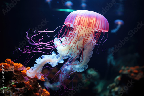 pink jellyfish swims in the ocean or oceanarium in blue water © Michael