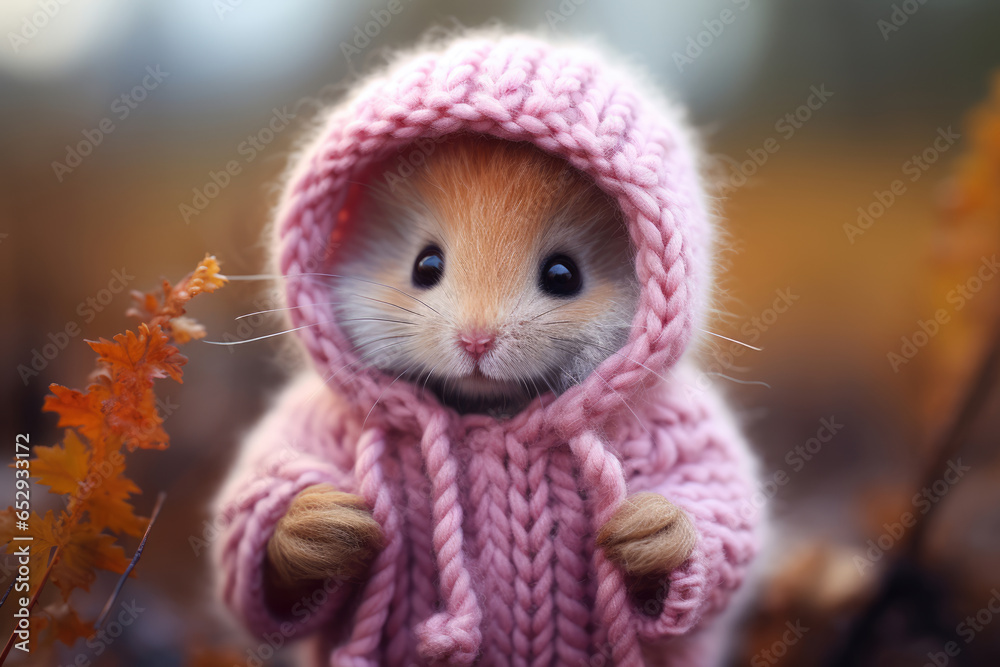 Cute mouse in knitted clothes in autumn leaves Cute mouse in knitted clothes in autumn leaves