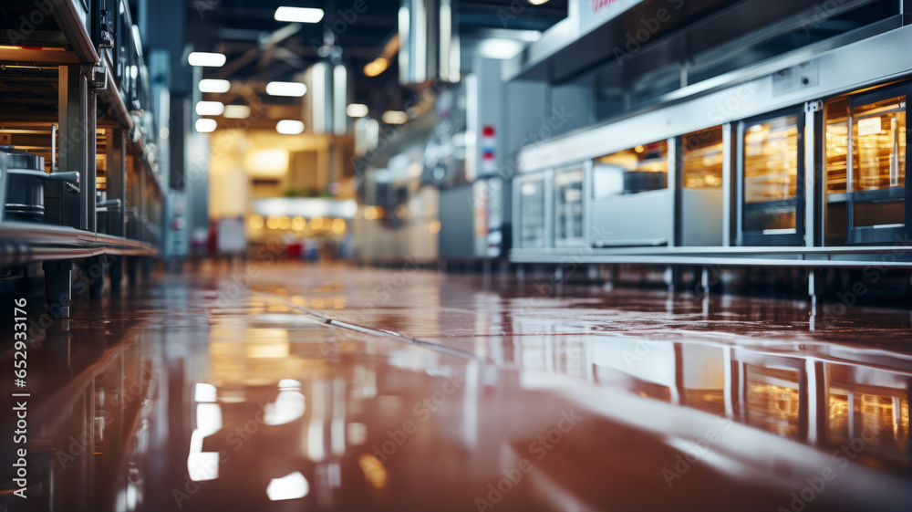 clean resin vinyl floor in commercial, professional bakery kitchen and stainless steel convection. - obrazy, fototapety, plakaty 