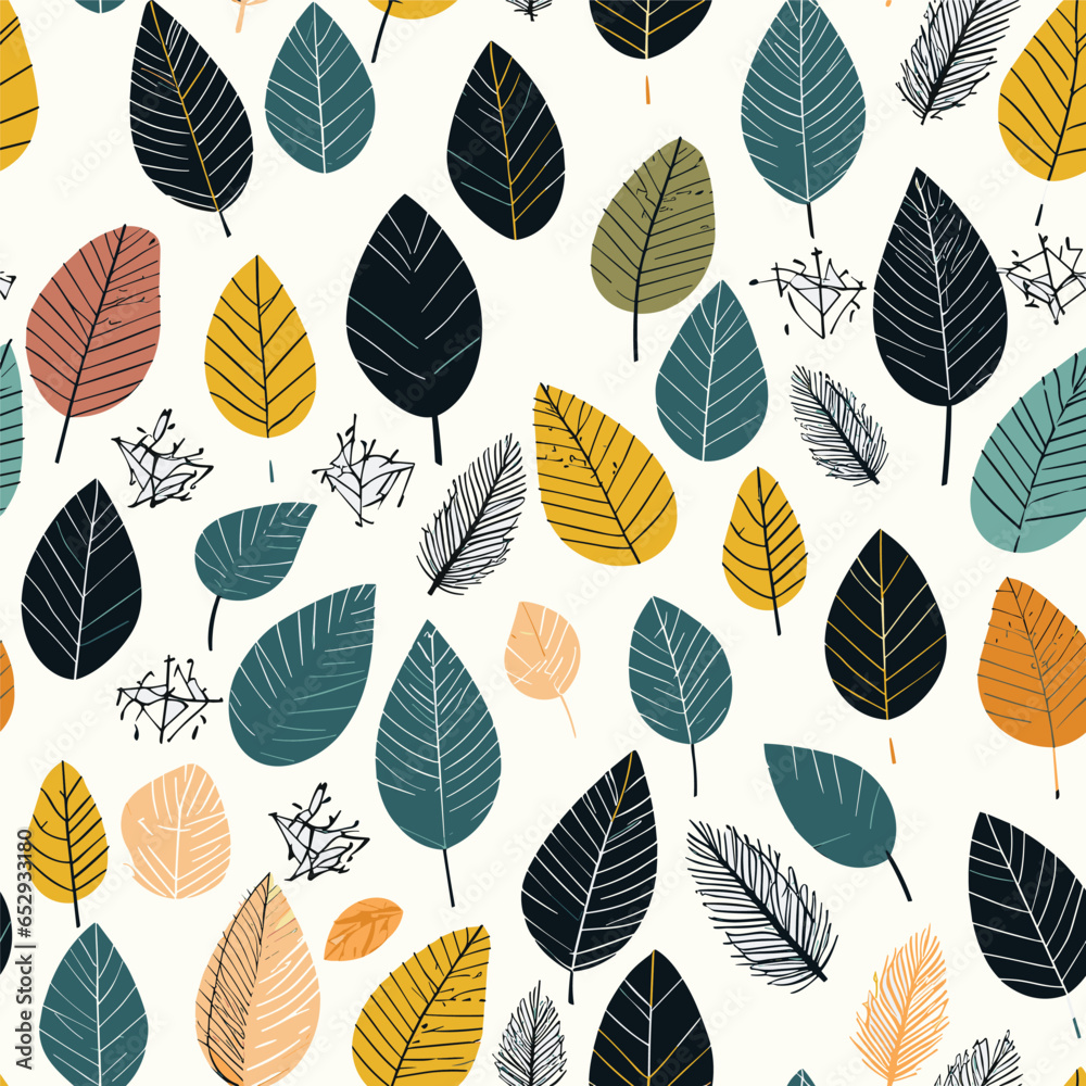 Silhouettes of different leaves seamless pattern. Vector hand drawn illustration in simple scandinavian doodle cartoon style. Silhouettes of different leaves seamless pattern. Vector hand drawn illustration in simple scandinavian doodle cartoon style.