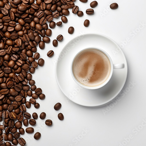 Coffee cup and coffee beans on white background. Top view. Cup of coffee on whgite table and coffee beans scattered chaotically around. Morning boost of energy, coffee drink. photo