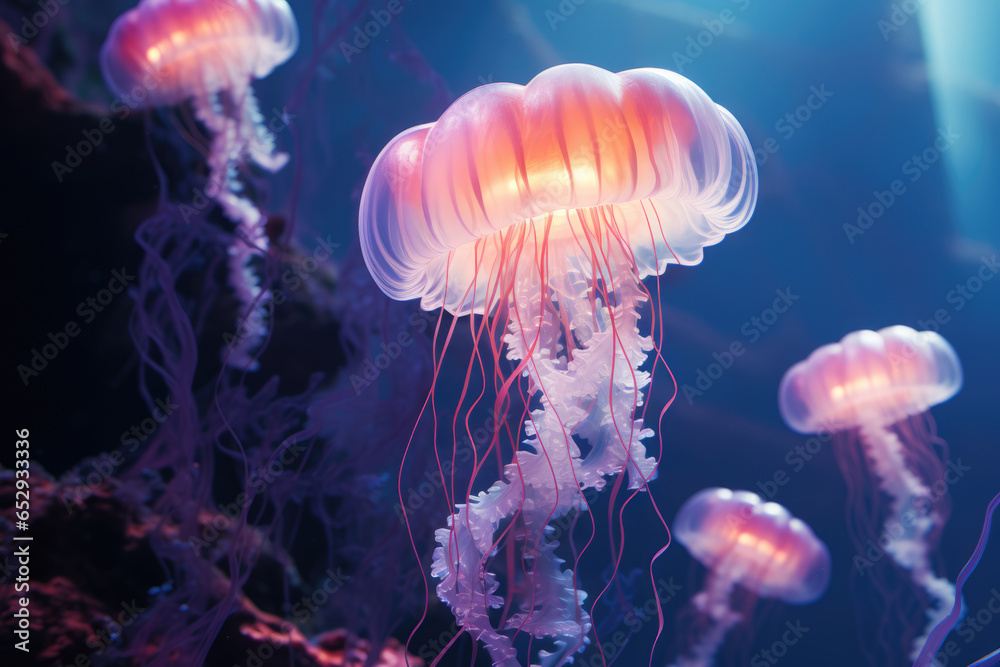 pink jellyfish swims in the ocean