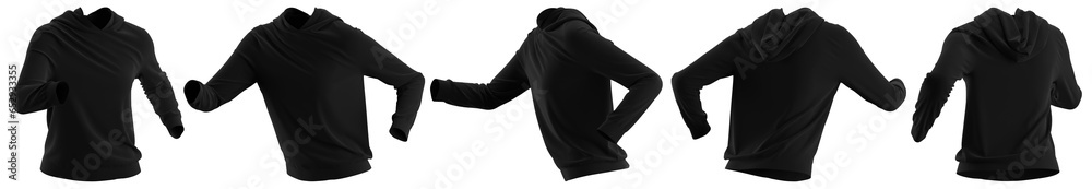 Isolated black Hoodie running pose mockup multiple view Isolated black Hoodie running pose mockup multiple view