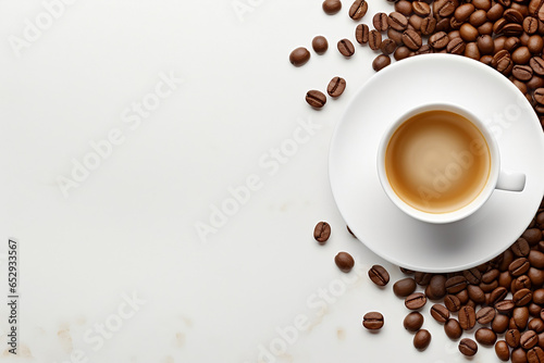 Coffee cup and coffee beans on white background. Top view. Cup of coffee on whgite table and coffee beans scattered chaotically around. Morning boost of energy, coffee drink.