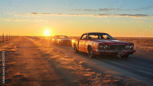 Abandoned cars in rows at sunset. © OKAN