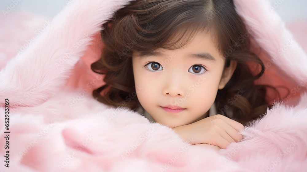 Cute Asian baby girl looks up smiling under a soft pink blanket. Cute Asian baby girl looks up smiling under a soft pink blanket.