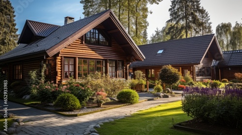 Pension with a rustic log cabin exterior and a warm, inviting interior