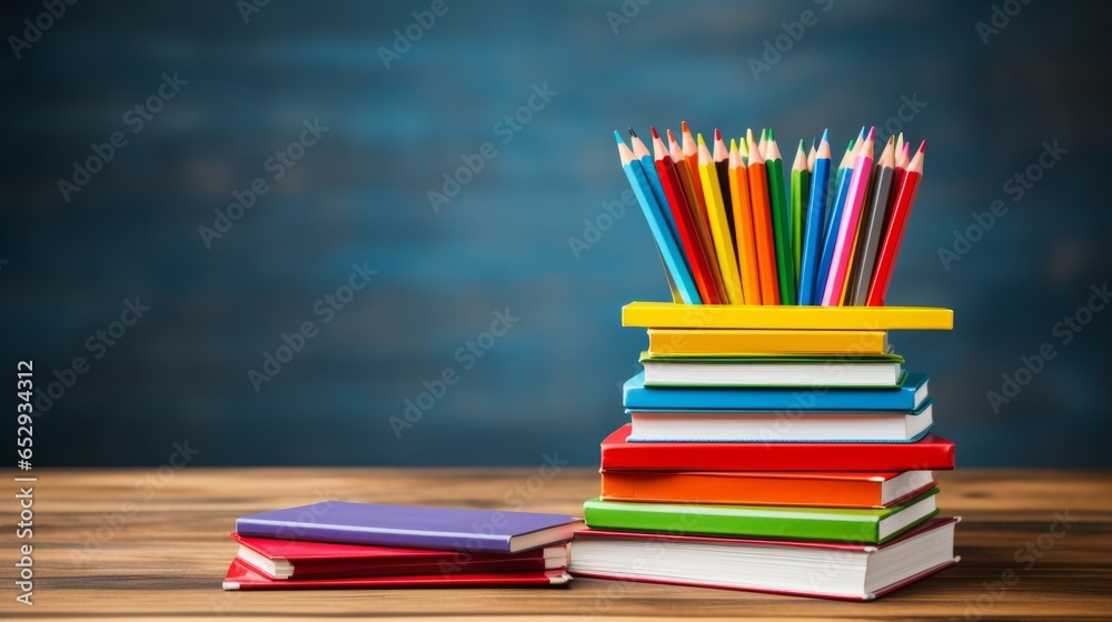 A stack of notebooks and pencils on a desk ready for the school year A stack of notebooks and pencils on a desk ready for the school year