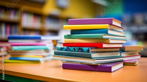 A stack of colorful textbooks on a classroom shelf