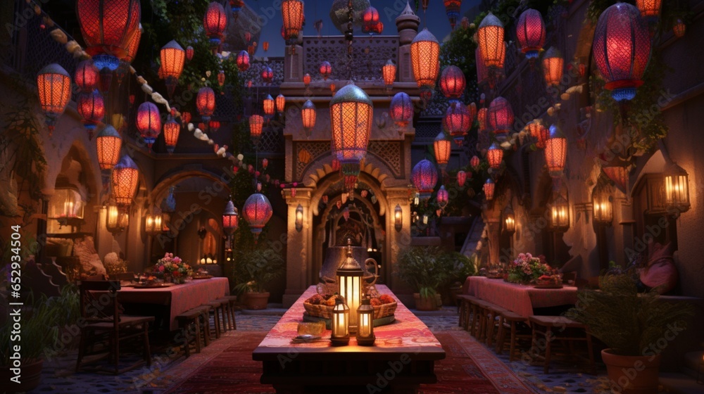 Moroccan-inspired birthday oasis with vibrant balloons, mosaic-patterned cake, and lantern candles.