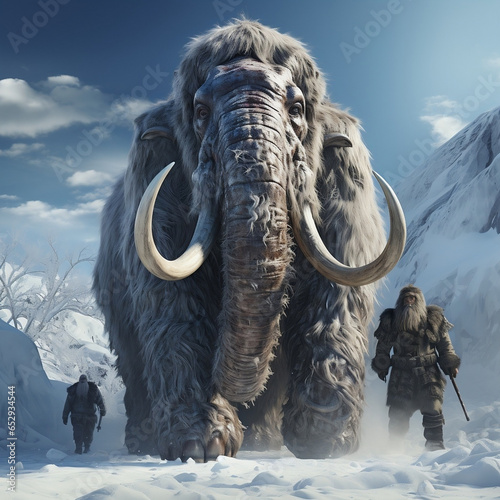 hairy woolly mammoth in the snow walking with barbarians.