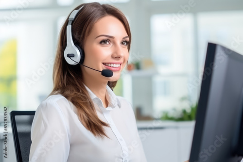 customer service, attractive woman works in a call center and communicates with a client using a headset while sitting at a computer in office