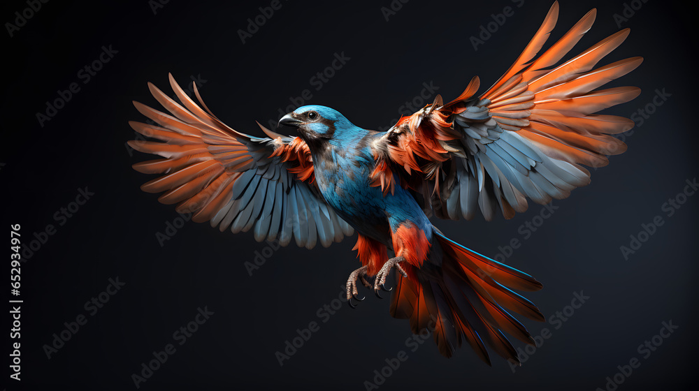 Obraz premium A colorful bird flies in the air against a gray background