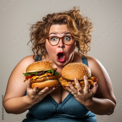 Heisshunger, Dicke junge Frau mit einem riesigen Burger, Generative AI