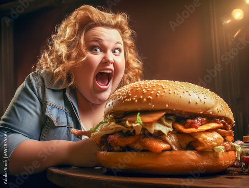 Heisshunger, Dicke junge Frau mit einem riesigen Burger, Generative AI photo
