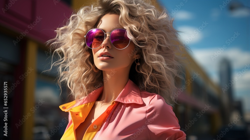 Fashionista woman who wears stylish clothes, modern sunglasses, and blends vibrant pink and yellow tones in her outfit.