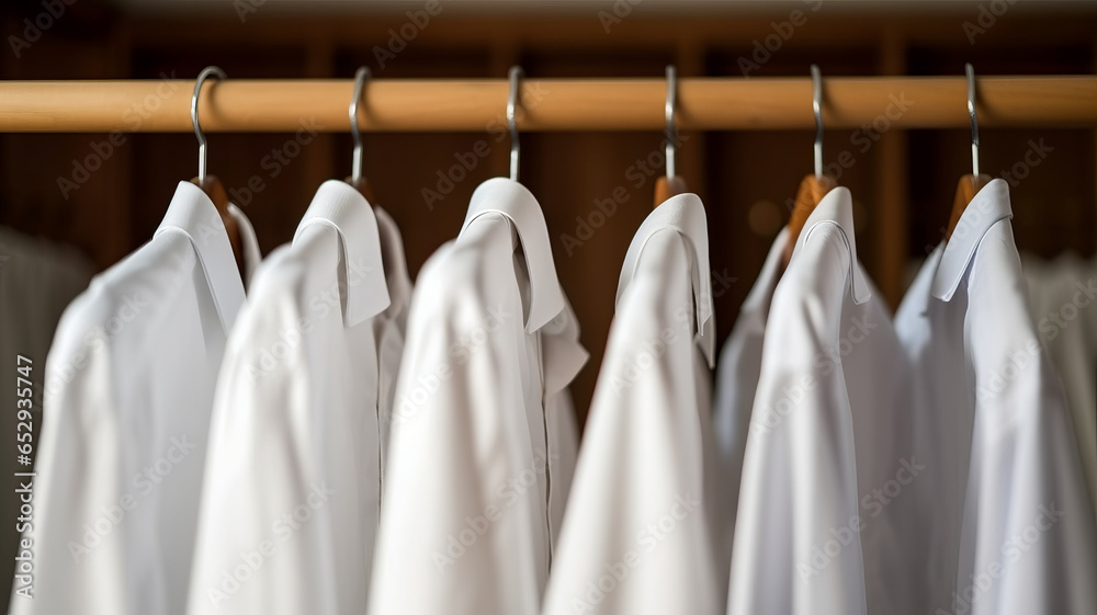 White shirts hanging on white built-in cloths racks. White shirts hanging on white built-in cloths racks.