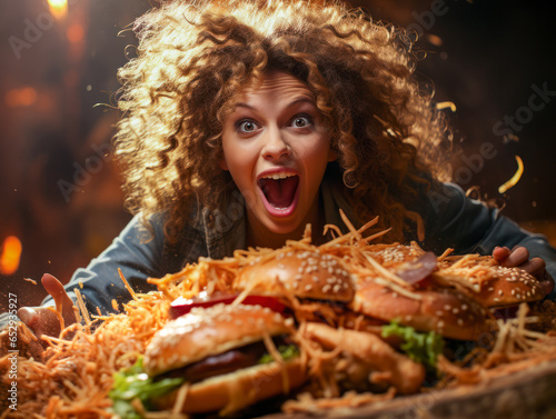 Heisshunger, Frau mit einem großen Burger, Generative AI photo