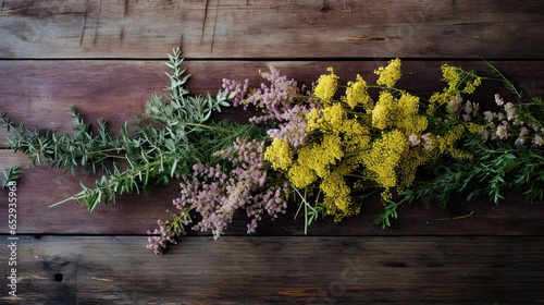 Meadowsweet and wild thyme sprawling across a weathered wooden surface, infused with hues of goldenrod, moss green, and muted lavender.