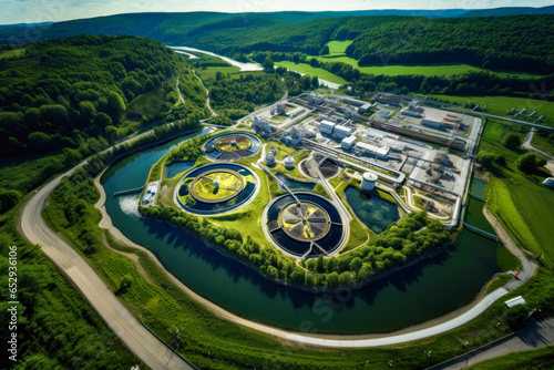 An aerial view of a wastewater treatment plant in the middle of a river photo