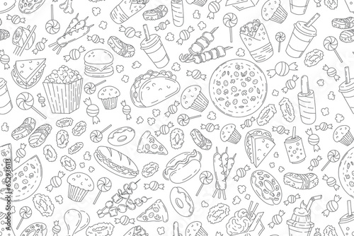 Fast food seamless pattern with vector line icons of hamburger, pizza, hot dog, cheeseburger. Restaurant menu background, tasty unhealthy food