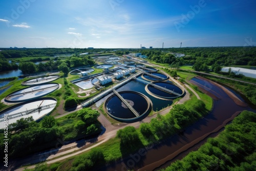 An aerial view of a wastewater treatment plant, ensuring clean water for the community