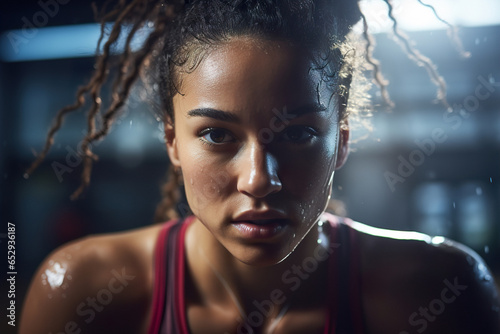 Close up portrait of attractive sport woman in gym