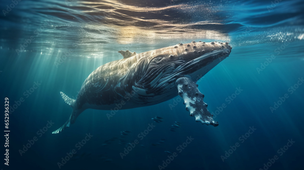 A Baby Humpback Whale Plays Near the Surface in Blue Water.generative ai - obrazy, fototapety, plakaty 
