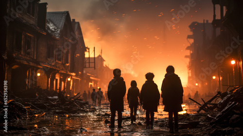 Familie starrt auf zerstörte brennende Gebäude in einer Stadt im Krieg, Generative AI