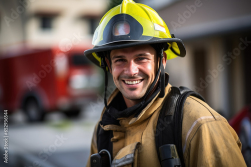 Photo of a cheerful firefighter in full gear wearing a fire helmet