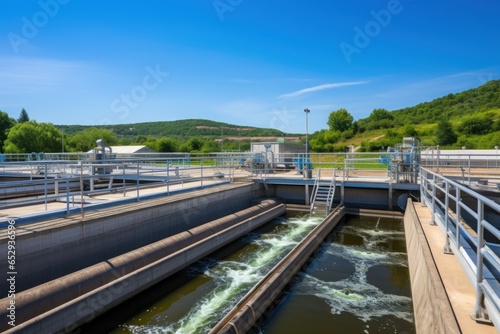 A wastewater treatment plant with water being treated and released