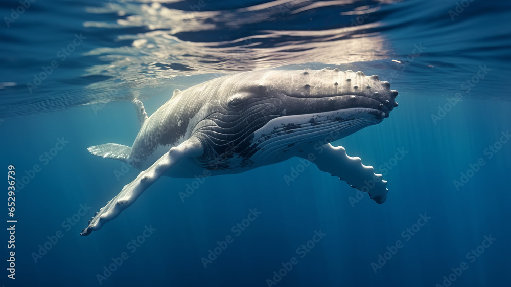 A Baby Humpback Whale Plays Near the Surface in Blue Water generative ai - obrazy, fototapety, plakaty 