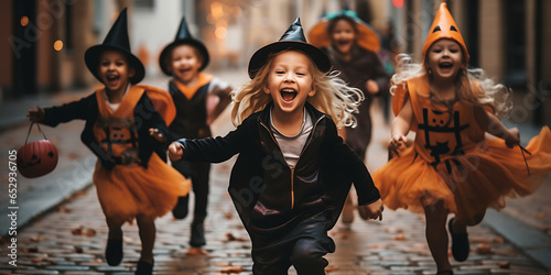 children have fun in the street during halloween party