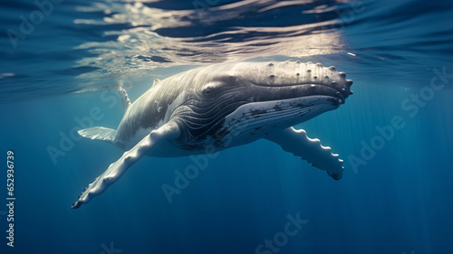 A Baby Humpback Whale Plays Near the Surface in Blue Water generative ai photo