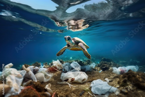 pollution world ocean, sea turtle swims, water polluted household garbage, plastic bags bottles, environmental disaster