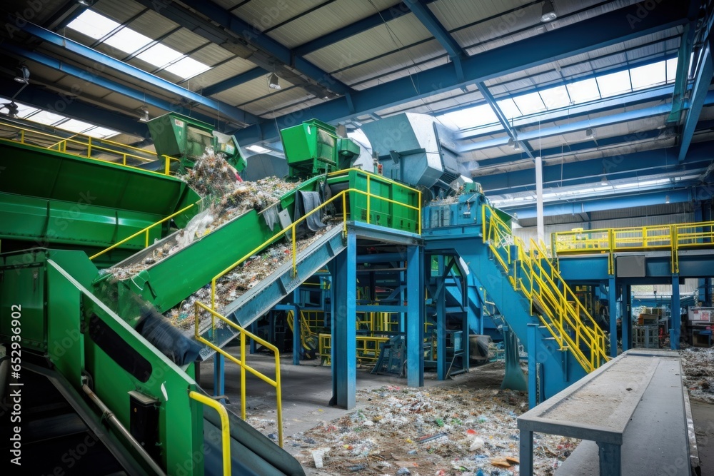 A massive industrial machine inside a factory for waste recycling
