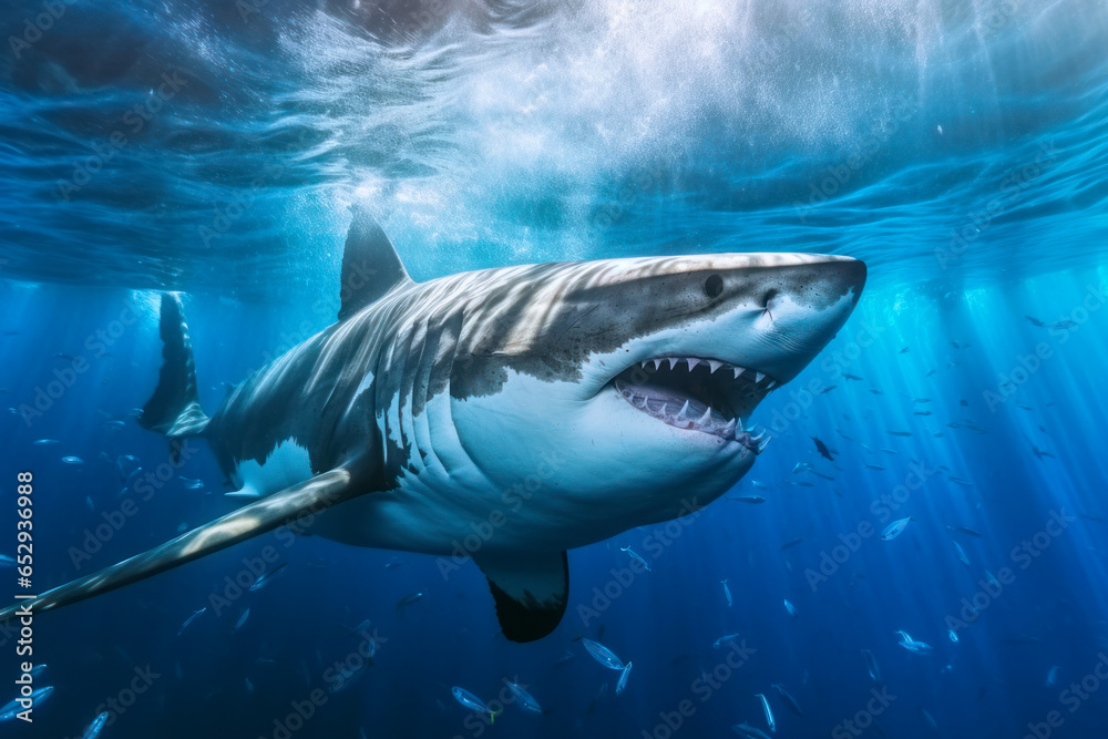 Naklejka premium Haifisch, Weißer Hai schwimmt im Meer, Generative AI