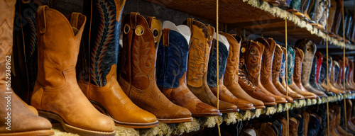 panoramic view of many cowboy boots in a shop with selective focus