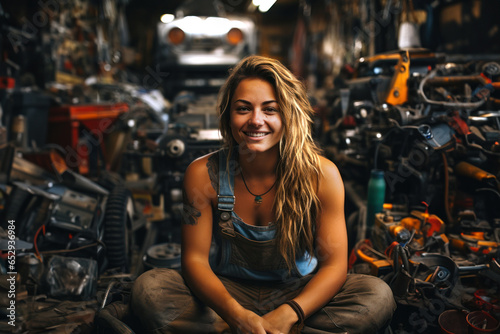 Portrait of a woman working in a automobile scrapyard.