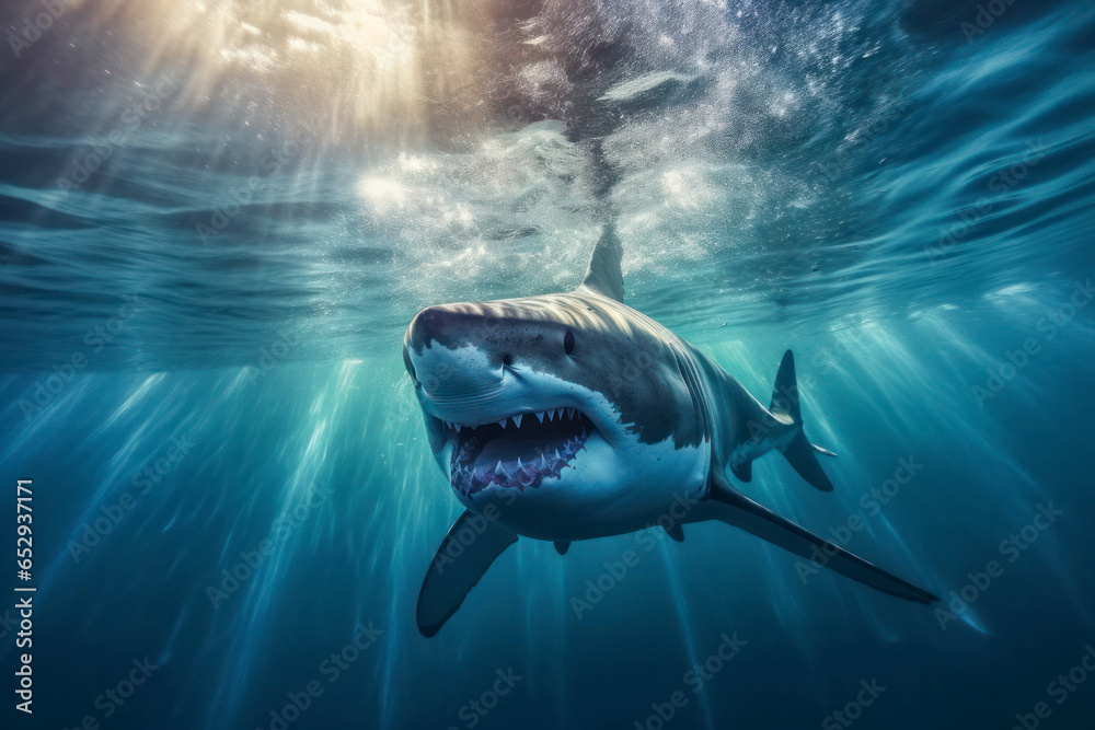 Fototapeta premium Haifisch, Weißer Hai schwimmt im Meer, Generative AI