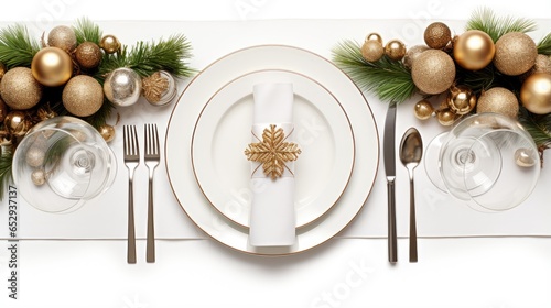 "Create an elegant holiday atmosphere with a Christmas table setting on a white background - a perfect flat lay for your festive gatherings."