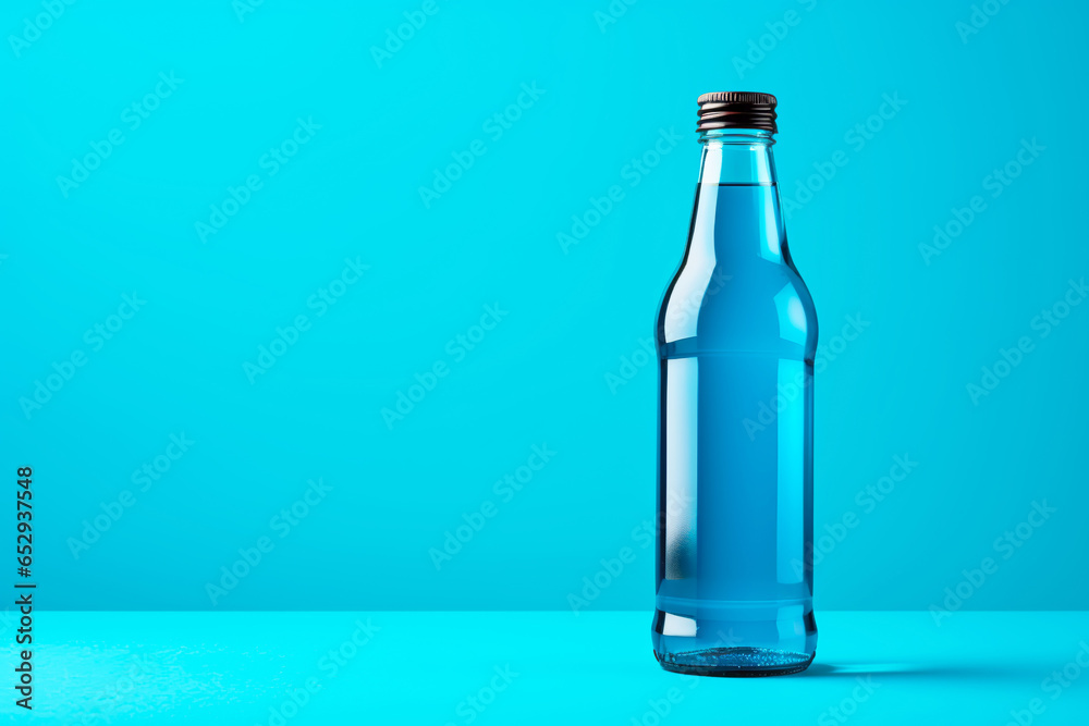 Bottle with blue transparent liquid on a blue background, copy space. Isotonic energy sport drink Bottle with blue transparent liquid on a blue background, copy space. Isotonic energy sport drink