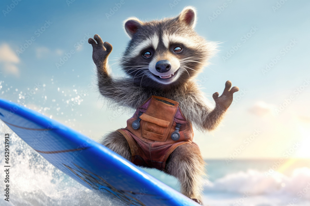 A cute raccoon making surf in the beach at summertime Generative AI Illustration - obrazy, fototapety, plakaty 