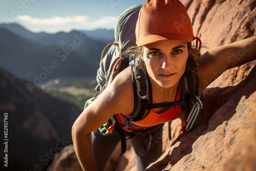 female rock climber climbs a rock with a breathtaking view in the background