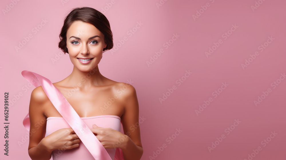portrait of a woman with pink ribbon in front of pink background. empty space for text portrait of a woman with pink ribbon in front of pink background. empty space for text