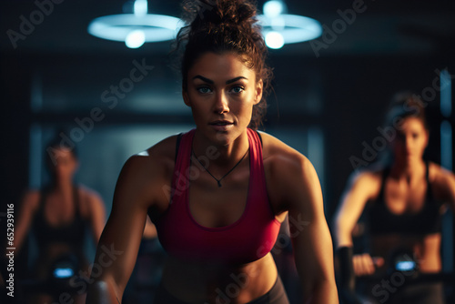An attractive woman is training exercises on group classes in gym