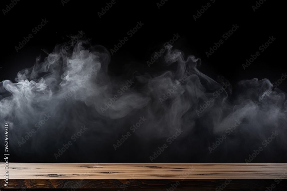 empty wooden table with smoke float up on dark background. Empty Space for display your products. Created with generative AI tools